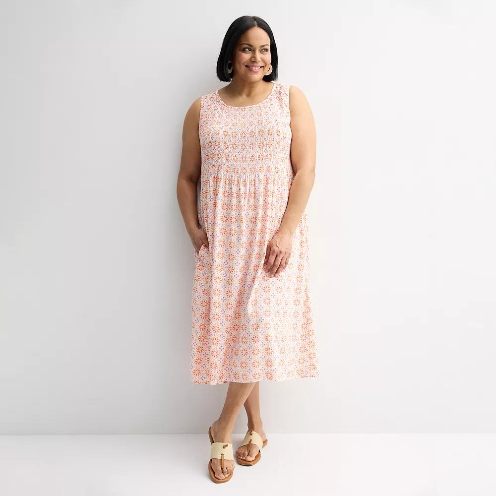 Plus Size Croft & Barrow® Smocked Midi Dress, Women's, Size: 0X, Orange Tile Block Product Image