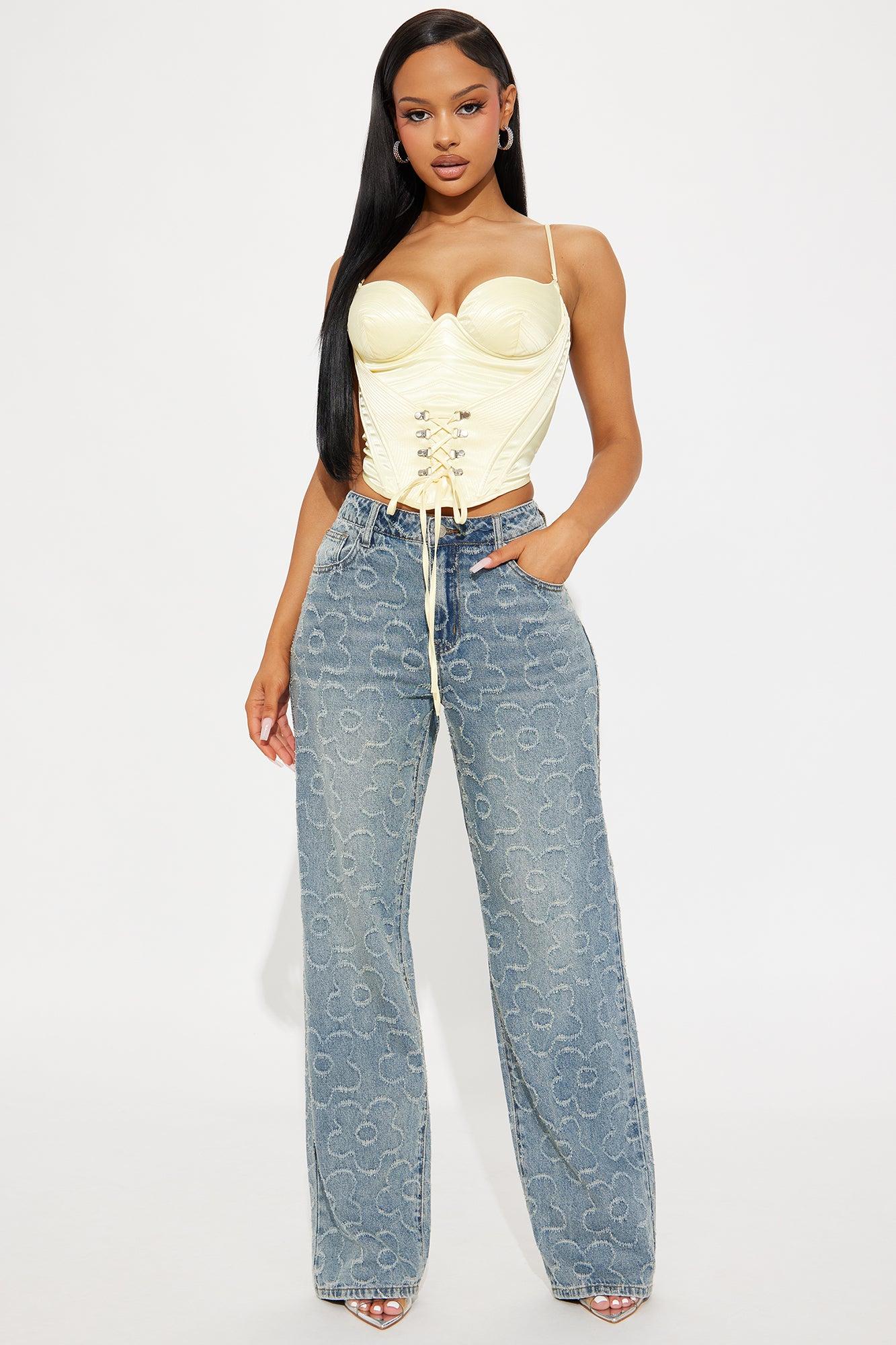 Flower Power Jacquard Wide Leg Jeans - Medium Wash Product Image