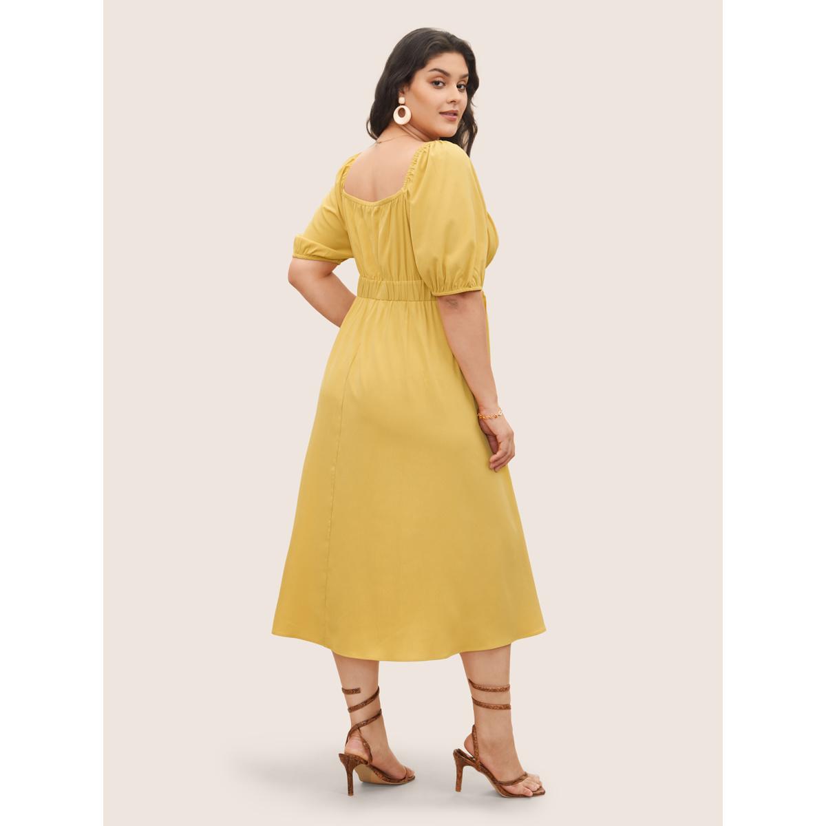 Plus Size Plain Lantern Sleeve Drawstring Square Neck Dress Yellow Women Elegant Non Square Neck Short sleeve Curvy Midi Dress BloomChic 14-16/1X Product Image