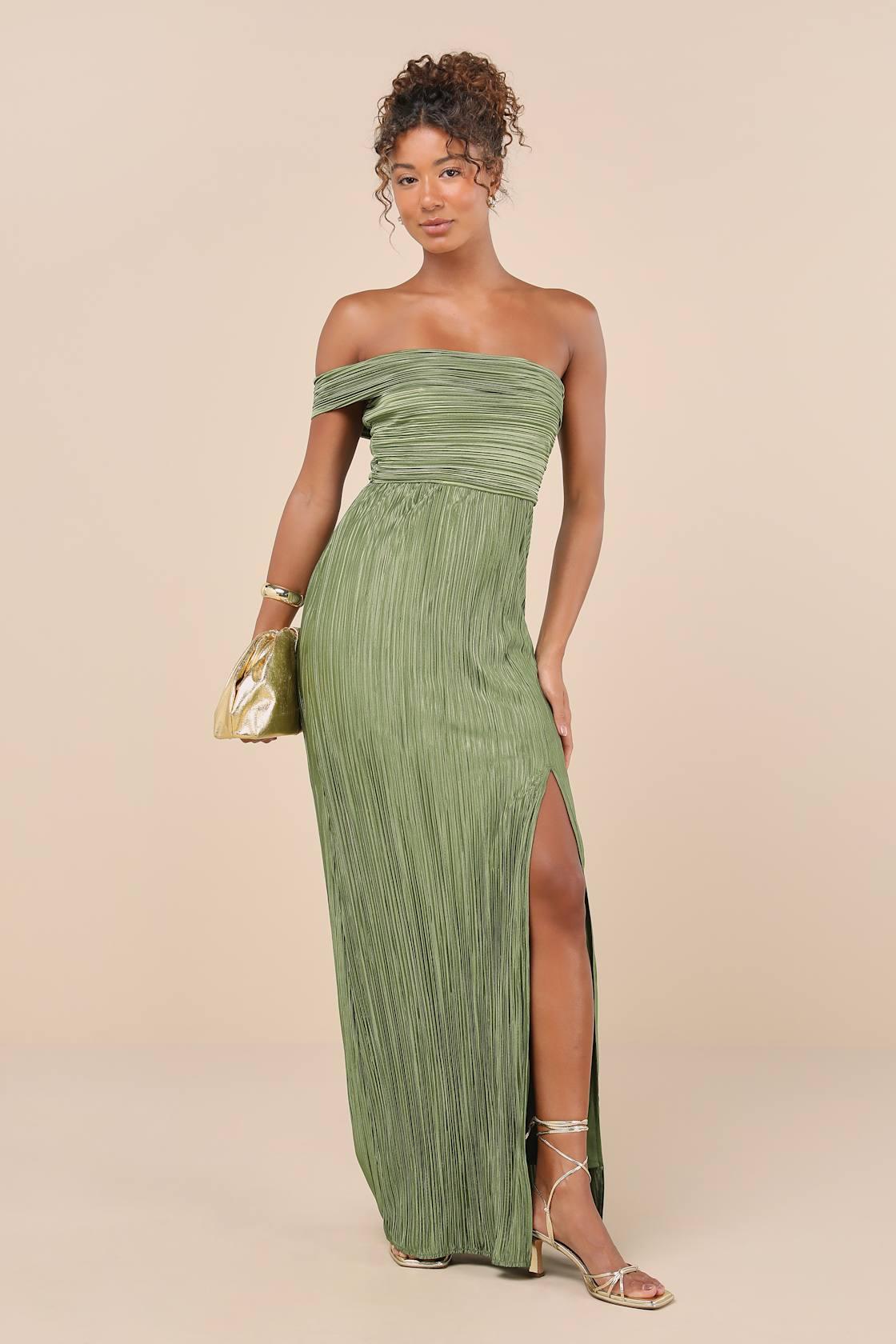Poised Performance Olive Green Plisse One-Shoulder Maxi Dress Product Image