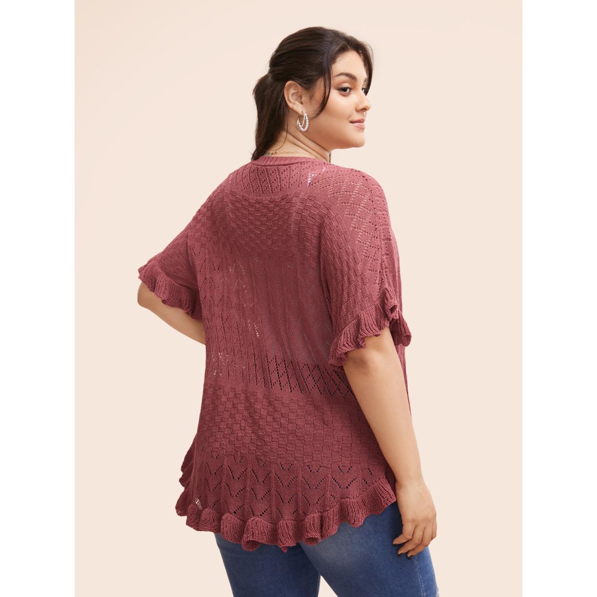 Plus Size Plain Ruffles Pointelle Knit Cardigan Russet Women Casual Loose Short sleeve Everyday Cardigans BloomChic 10/M Product Image