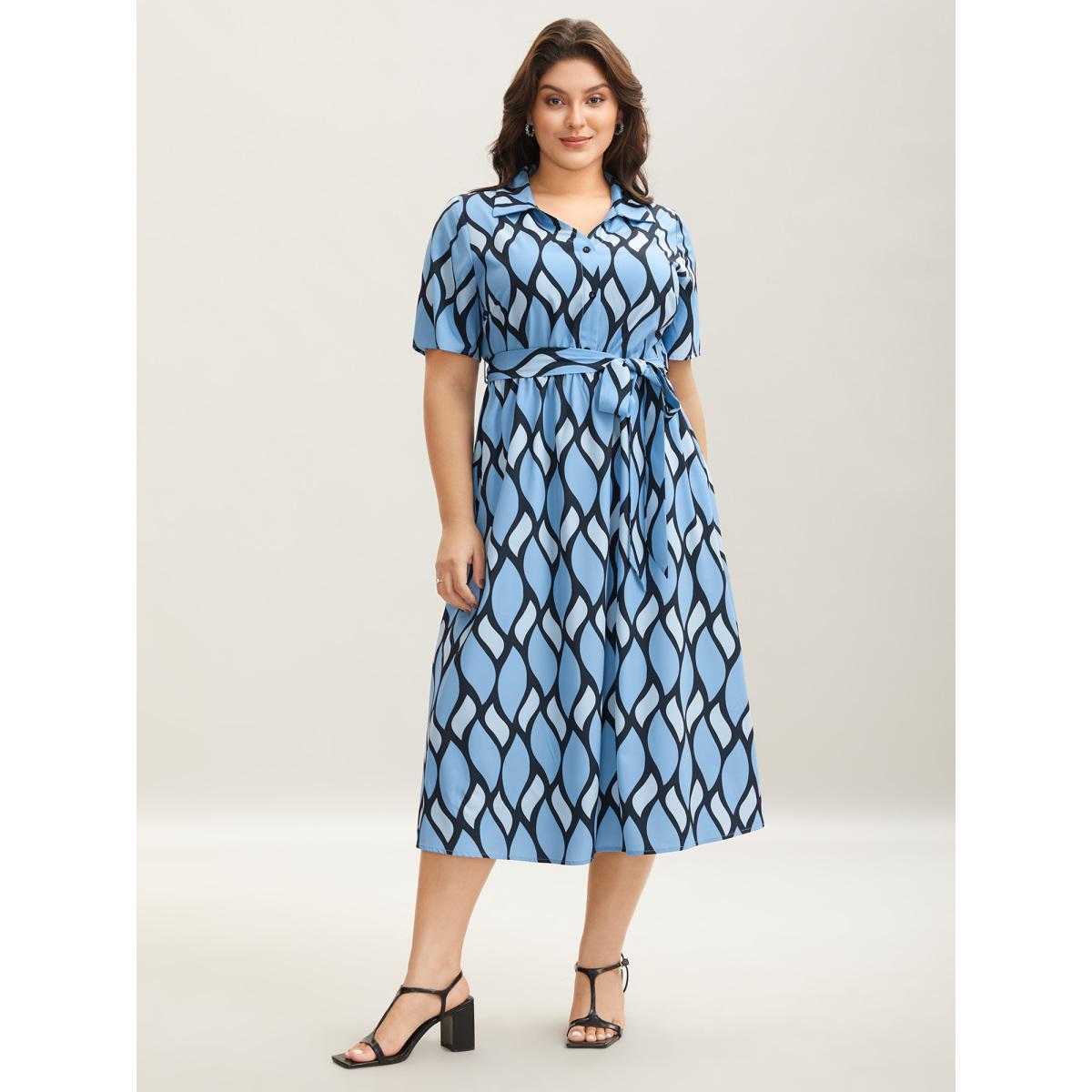 Plus Size Geometric Pattern Stretchy Waist Belted Midi Dress Multicolor Women Non Short sleeve Curvy BloomChic 18-20/2X Product Image