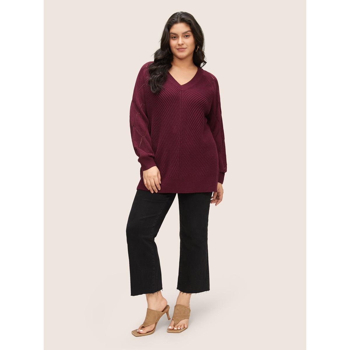 Plus Size Solid Hollow Out Raglan Sleeve Pullover Burgundy Women Casual Loose Long Sleeve V-neck Dailywear Pullovers BloomChic 28/5X Product Image