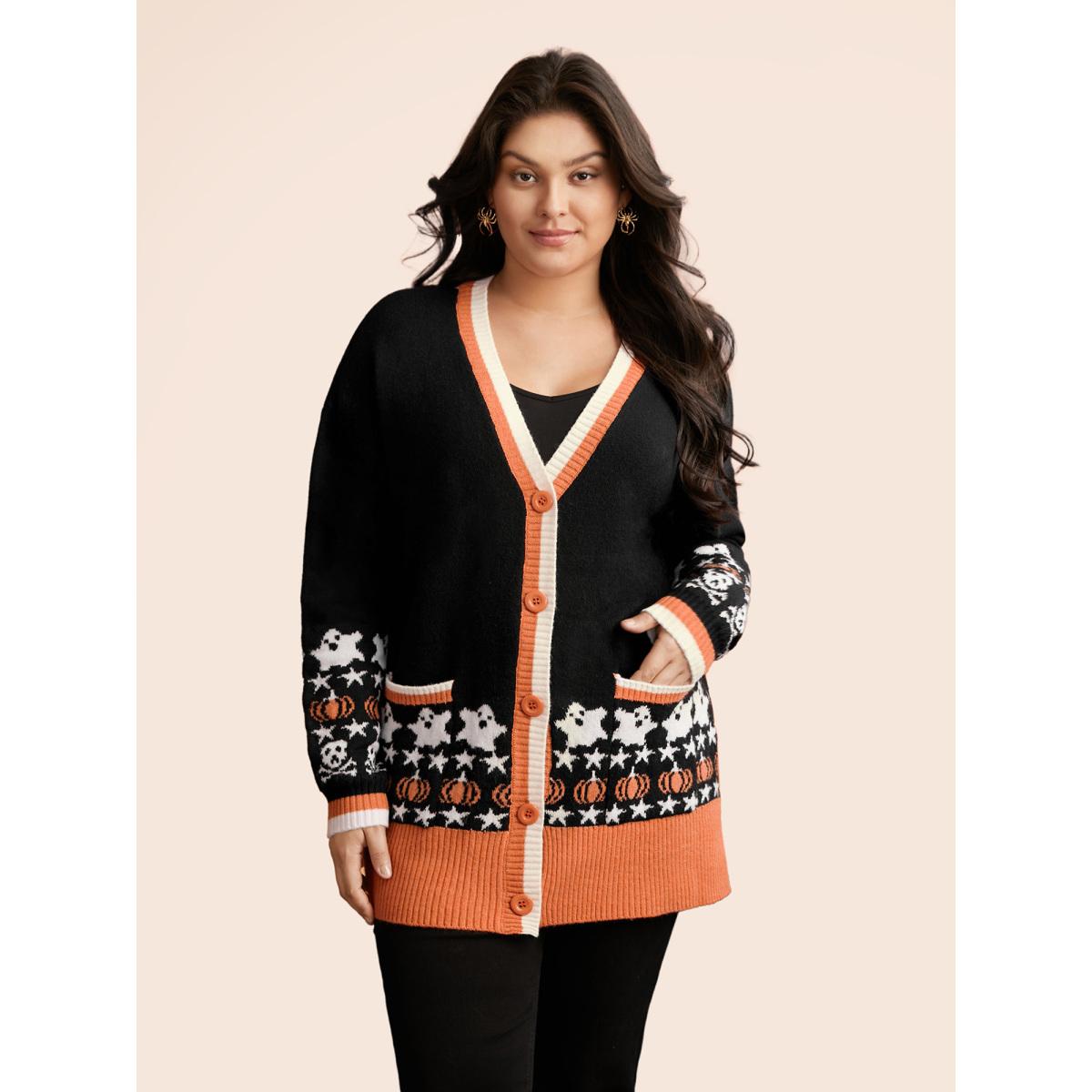 Plus Size Supersoft Essentials Happy Hauntings Contrast Placket Cardigan Black Women Casual Loose Long Sleeve Everyday Cardigans BloomChic 14-16/1X Product Image