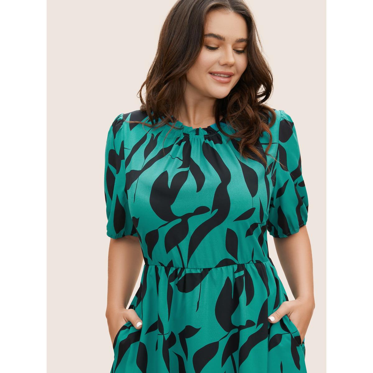 Plus Size Silhouette Floral Print Mock Neck Midi Dress Teal Women Elegant Gathered Mock Neck Short sleeve Curvy BloomChic 12/L Product Image
