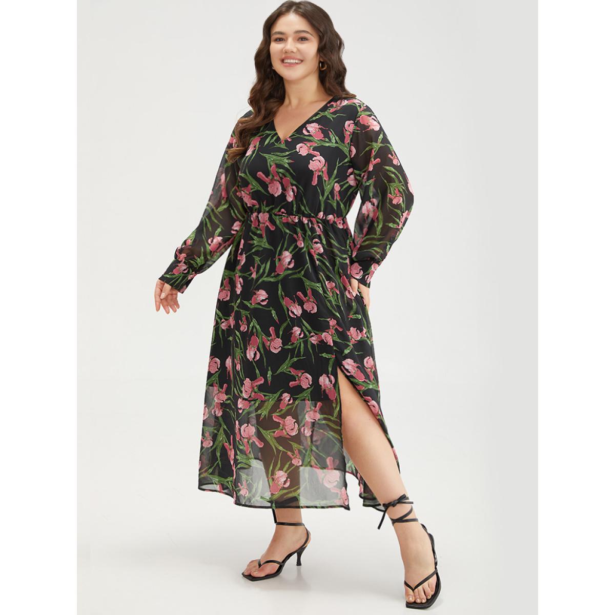 Plus Size Floral Print Chiffon Split Side Elastic Waist Dress Black Women Elegant Printed V-neck Long Sleeve Curvy Midi Dress BloomChic 12/L Product Image