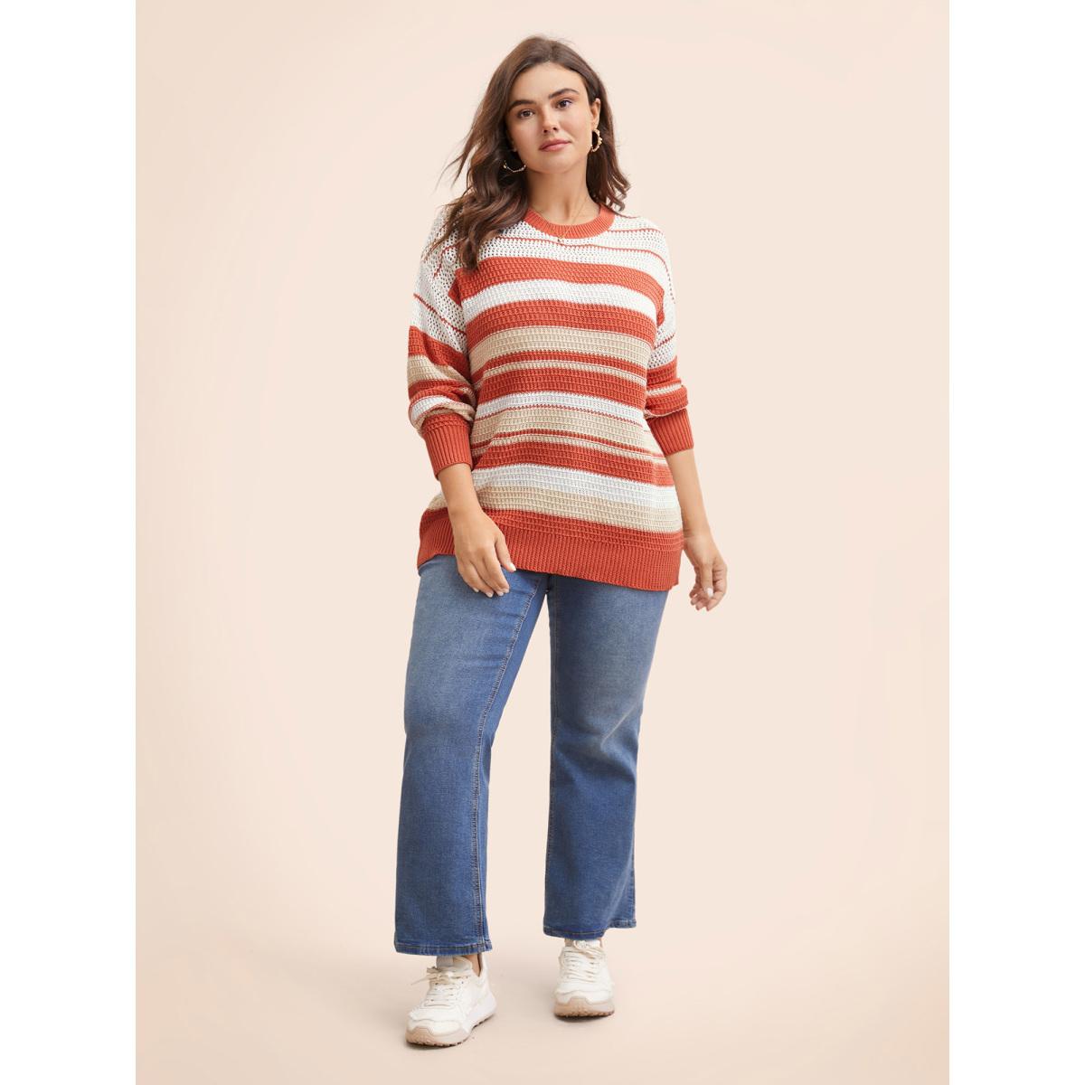 Plus Size Striped Contrast Cut Out Drop Shoulder Pullover Rust Women Playful Long Sleeve Round Neck Casual Pullovers BloomChic 14-16/1X Product Image