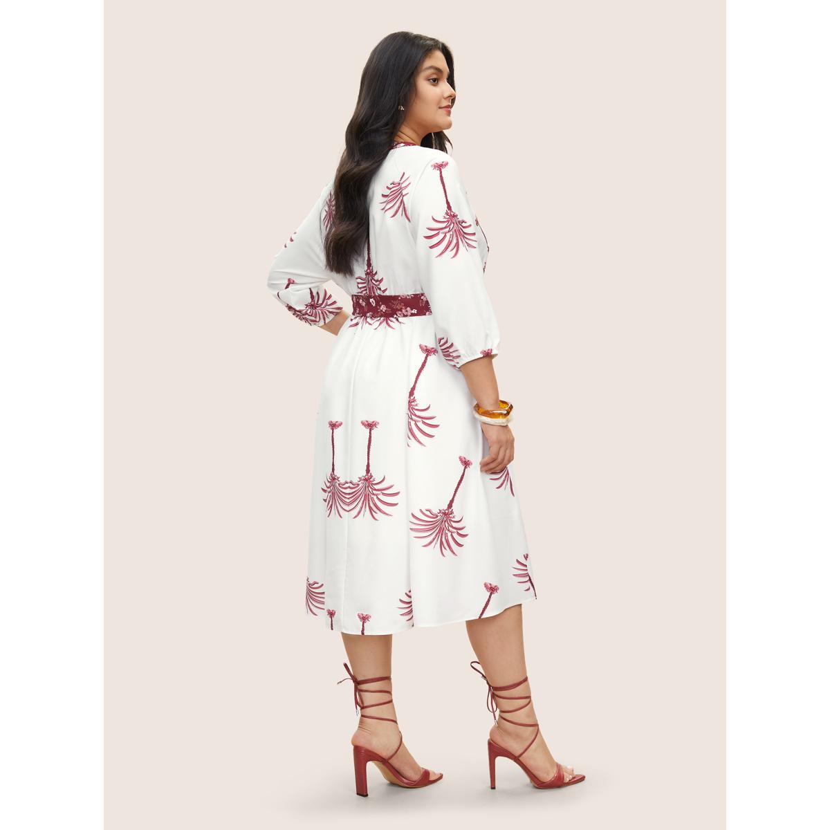 Plus Size Boho Print Notched Belted Gathered Lantern Sleeve Dress Red Women Resort Non Notched collar Long Sleeve Curvy Midi Dress BloomChic 22-24/3X Product Image