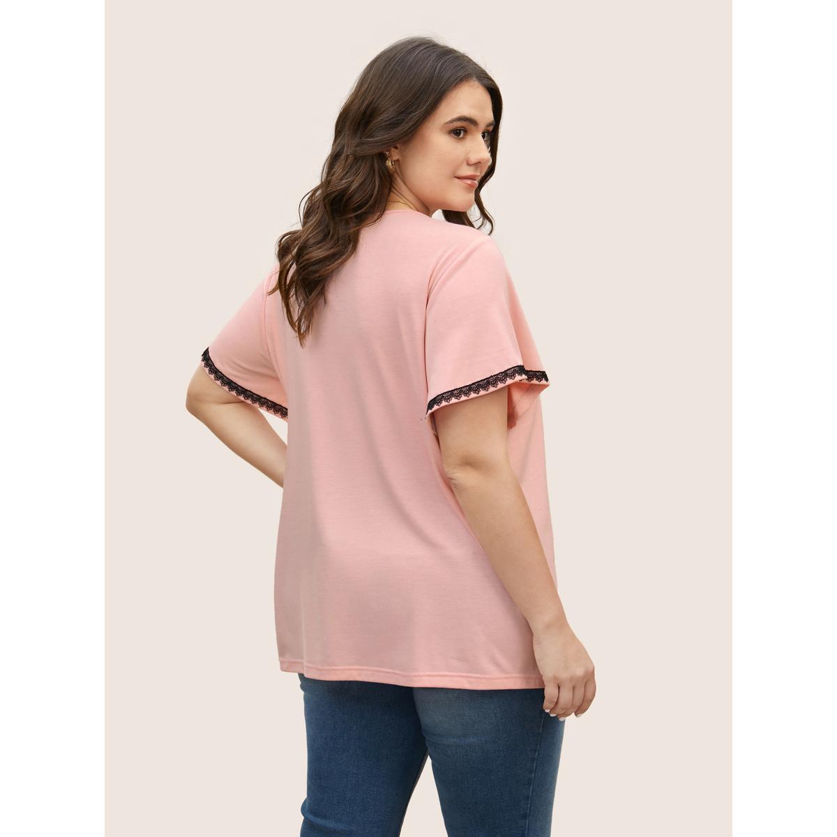 Plus Size V Neck Contrast Lace Flutter Sleeve T-shirt Nudepink Women Casual Contrast V-neck Everyday T-shirts BloomChic 18-20/2X Product Image