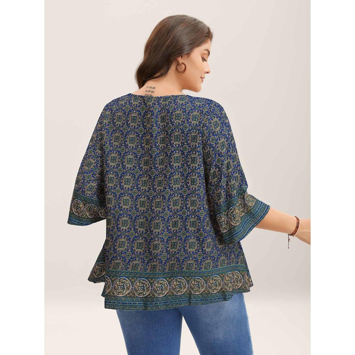 Plus Size DarkBlue Pin-Tuck Pleat Ornate Print Relaxed Fit Shirt Women Boho Elbow-length sleeve V-neck Vacation Blouses BloomChic 14-16/1X Product Image