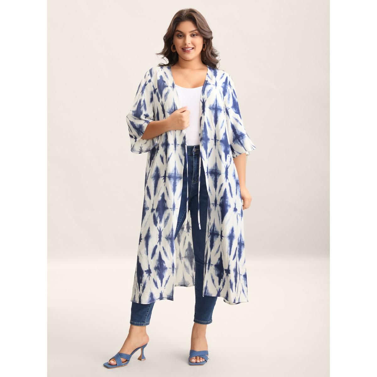 Plus Size Tie Dye Front-Tie Kimono Women Indigo Tie knot Loose Vacation Kimonos BloomChic 28/5X Product Image