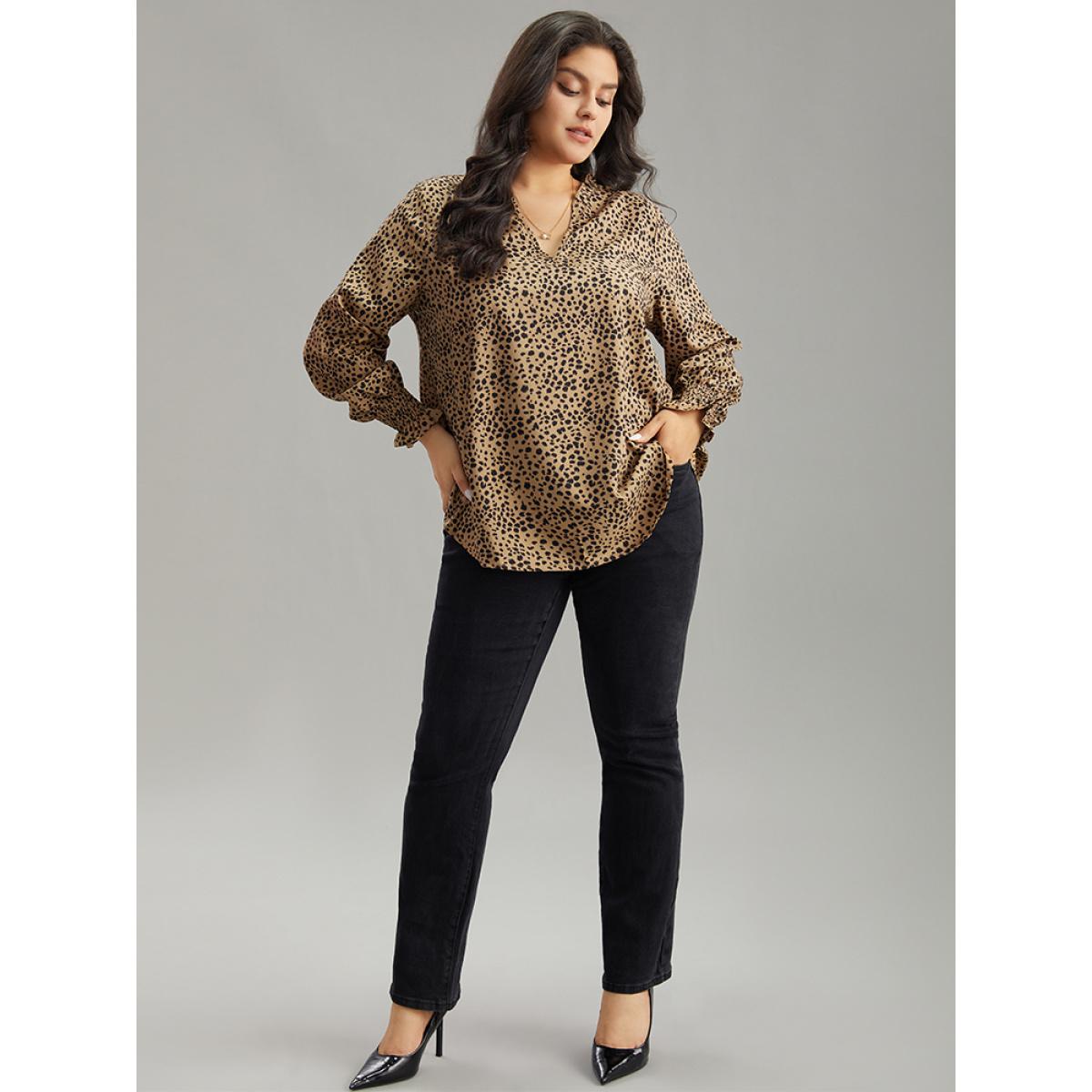 Plus Size Brown Leopard Shirred Notched Lantern Sleeve Blouse Women Elegant Long Sleeve Notched collar Dailywear Blouses BloomChic 22-24/3X Product Image