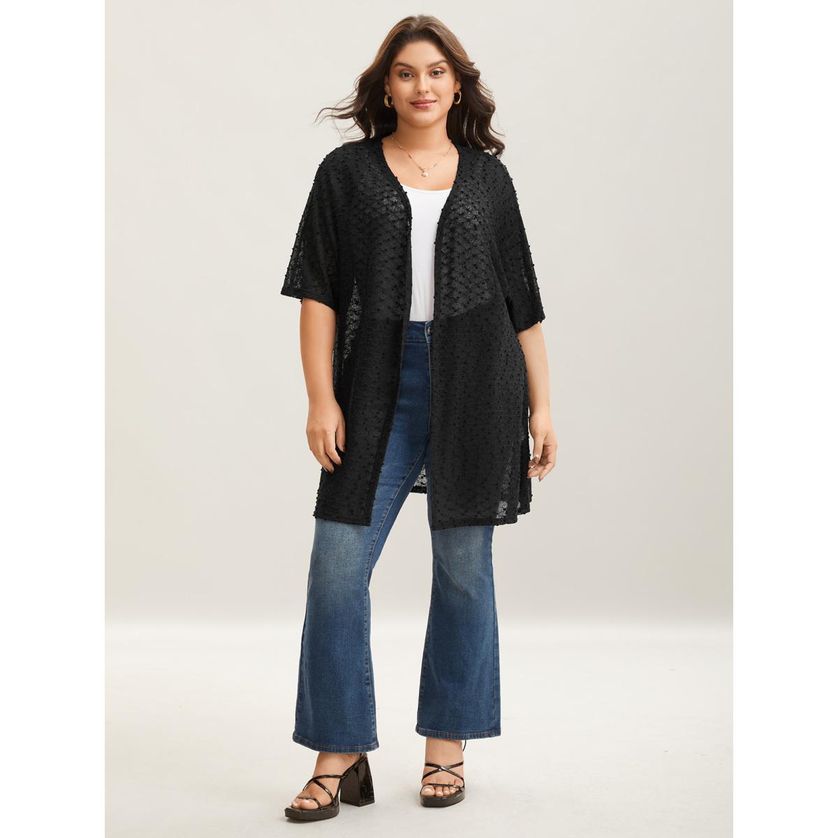 Plus Size Knit Textured Sheer Swim Kimono Cover-Up Women Black Casual Texture Loose Everyday-Casual Kimonos BloomChic 22-24/3X Product Image