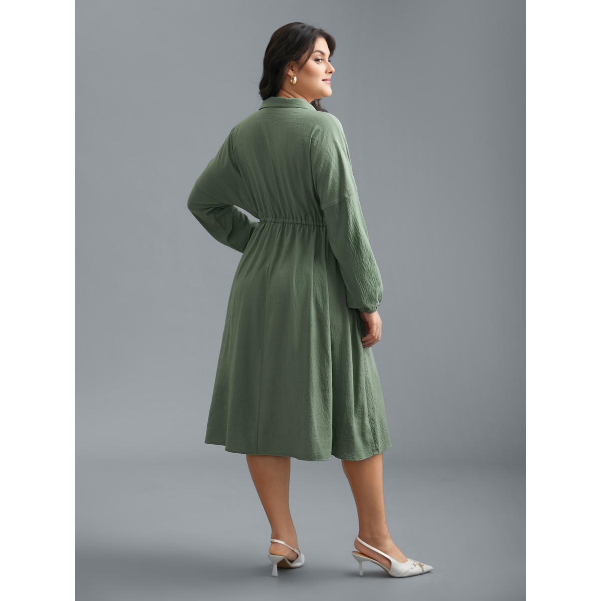 Plus Size Shirt Collar Tie-Waist Drop Dress Moss Women At the Office Tie knot Shirt collar Long Sleeve Curvy BloomChic 10/M Product Image