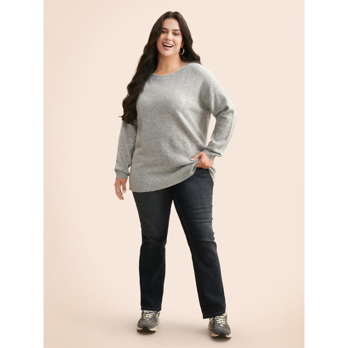 Plus Size Airy Cozy Drop Shoulder Wool Pullover LightGray Women Casual Long Sleeve Round Neck Everyday Pullovers BloomChic 28/5X Product Image