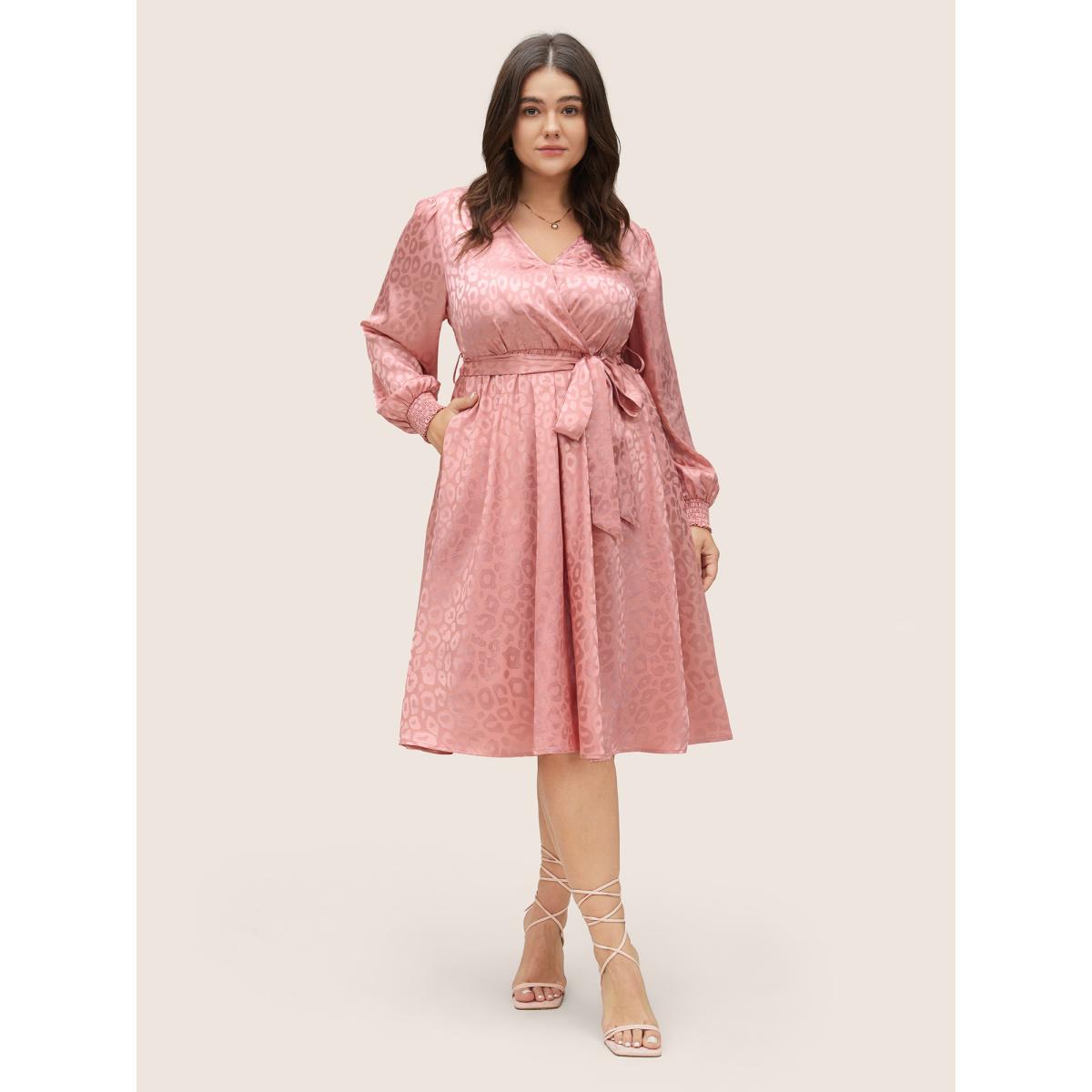 Plus Size Leopard Shirred Wrap Belted Gathered Dress Crepe Women Elegant Wrap Overlap Collar Long Sleeve Curvy Midi Dress BloomChic 30/6X Product Image