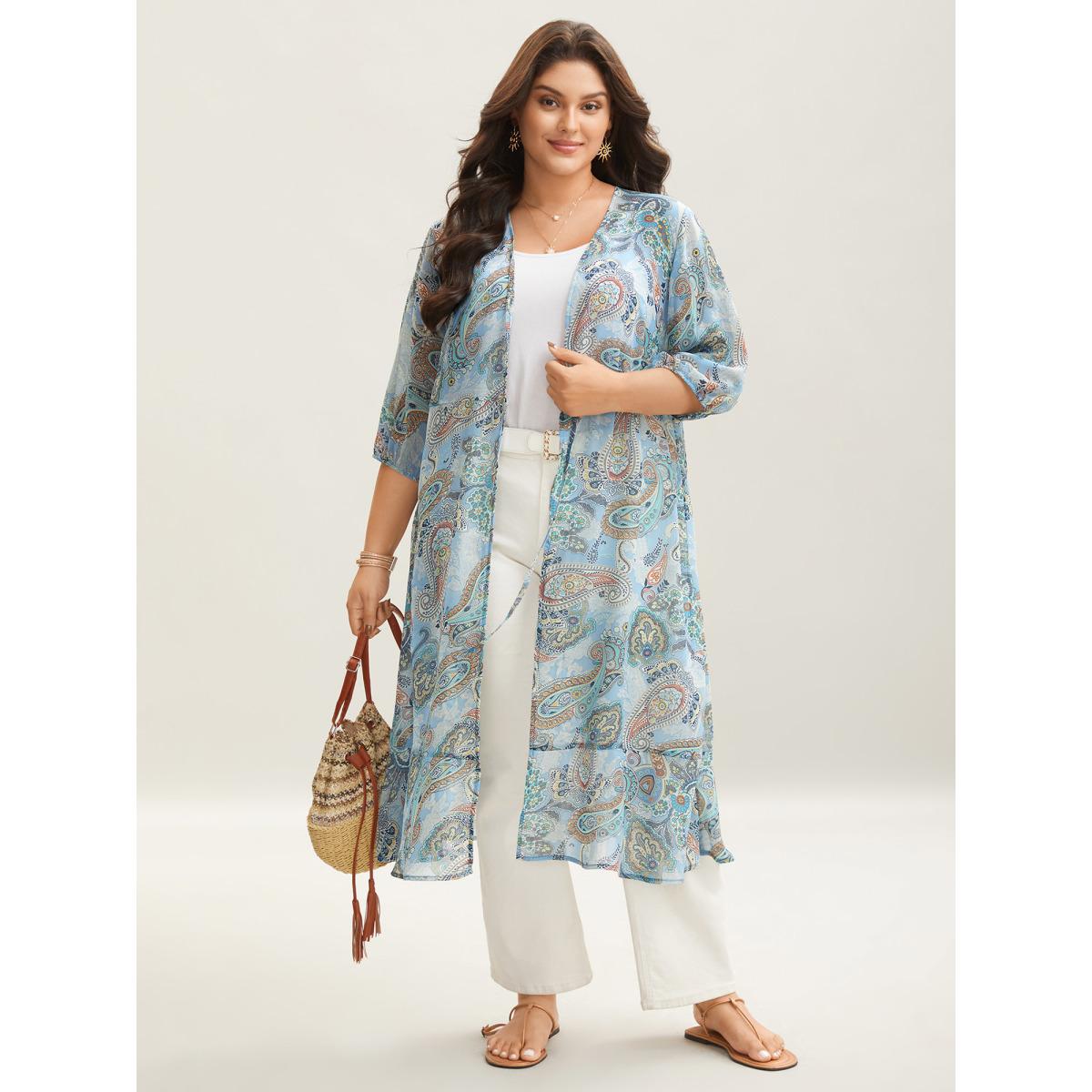Plus Size Paisley Print Sheer Tied Kimono Cardigan Women LightBlue Boho Tie knot Vacation Kimonos BloomChic 28/5X Product Image