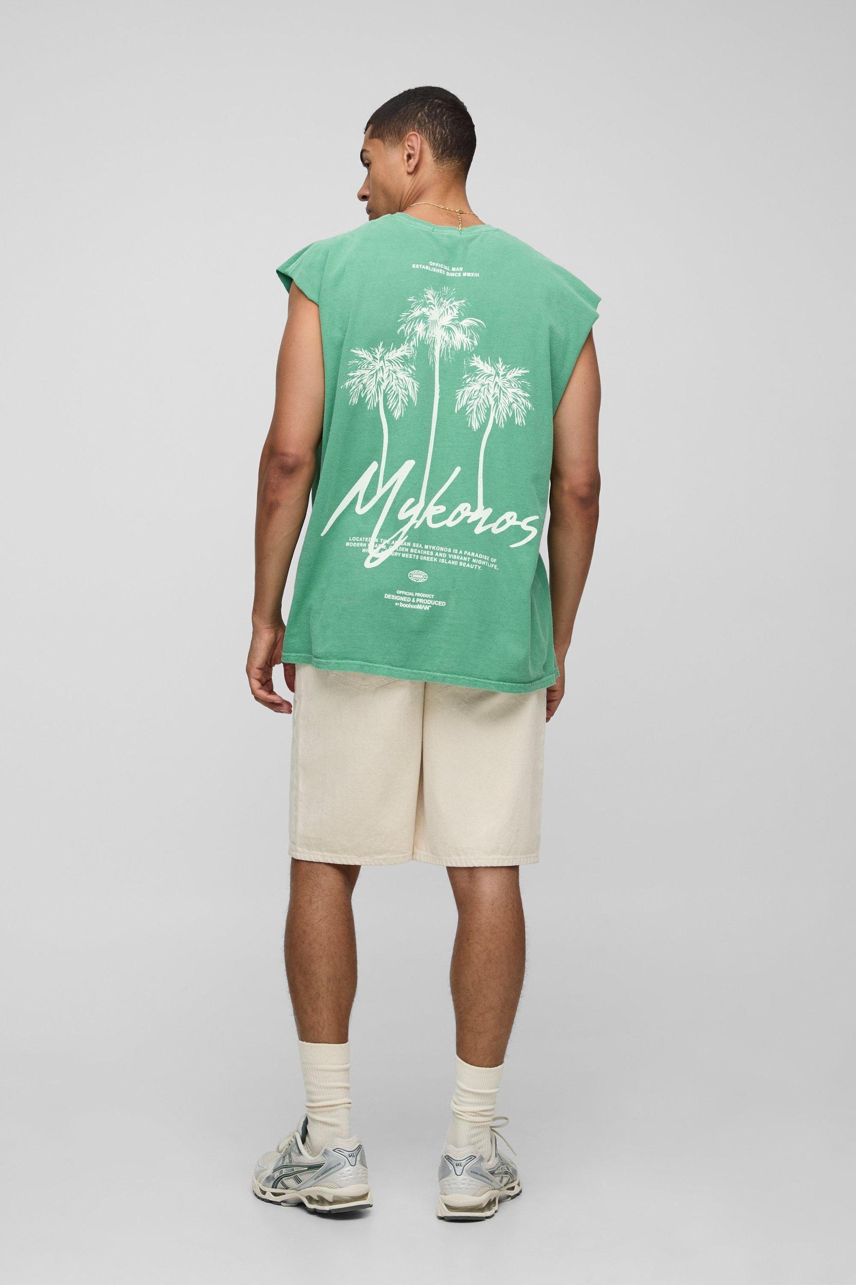 Green Oversized Washed Mykonos Palm Printed Tank | boohooMAN USA Product Image