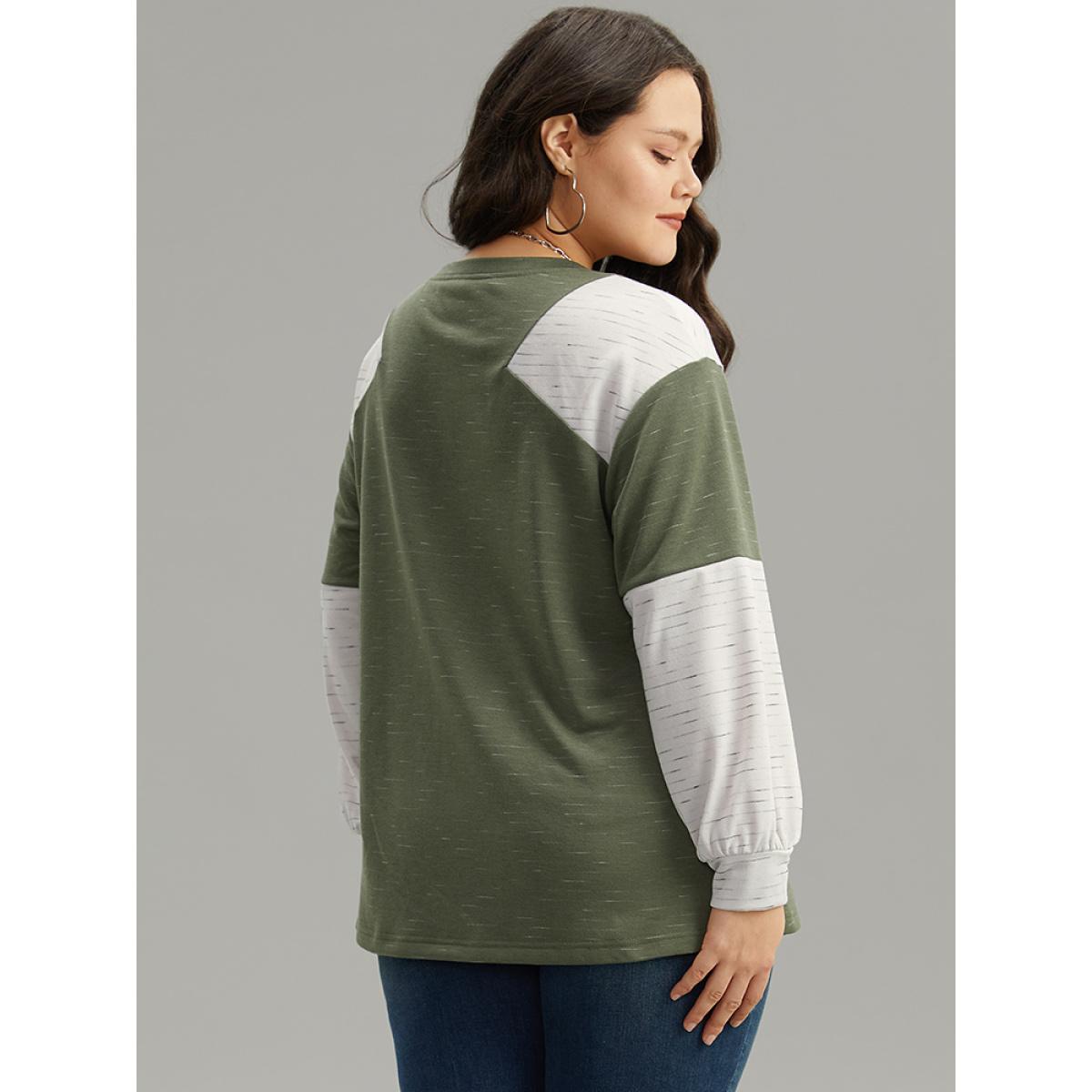 Plus Size Colorblock Patchwork Raglan Sleeve Sweatshirt Women ArmyGreen Casual Contrast Round Neck Everyday Sweatshirts BloomChic 28/5X Product Image