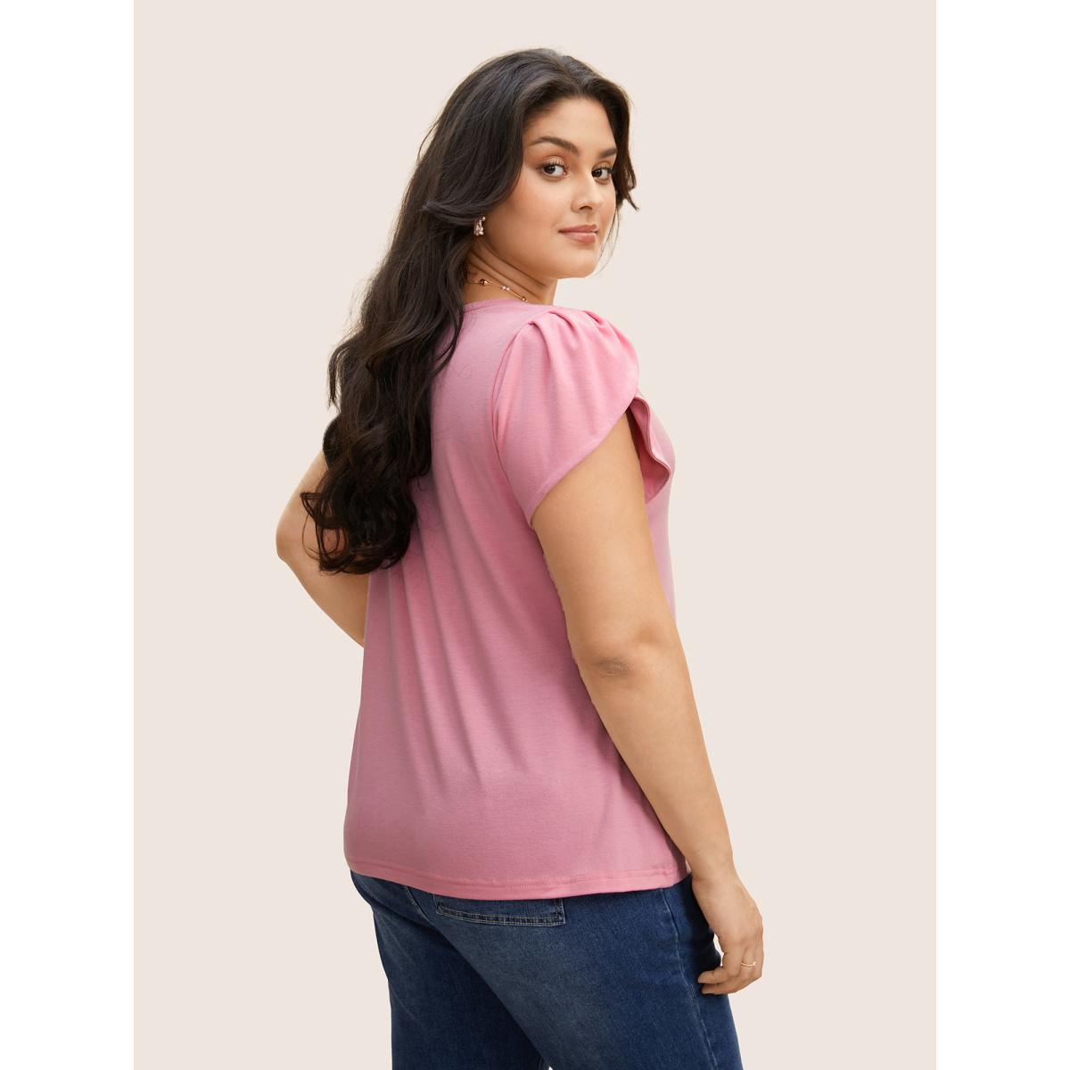 Plus Size Medium stretch Petal Sleeve Button Up T-shirt Watermelon Women Elegant Button V-neck Bodycon Everyday T-shirts BloomChic 10/M Product Image
