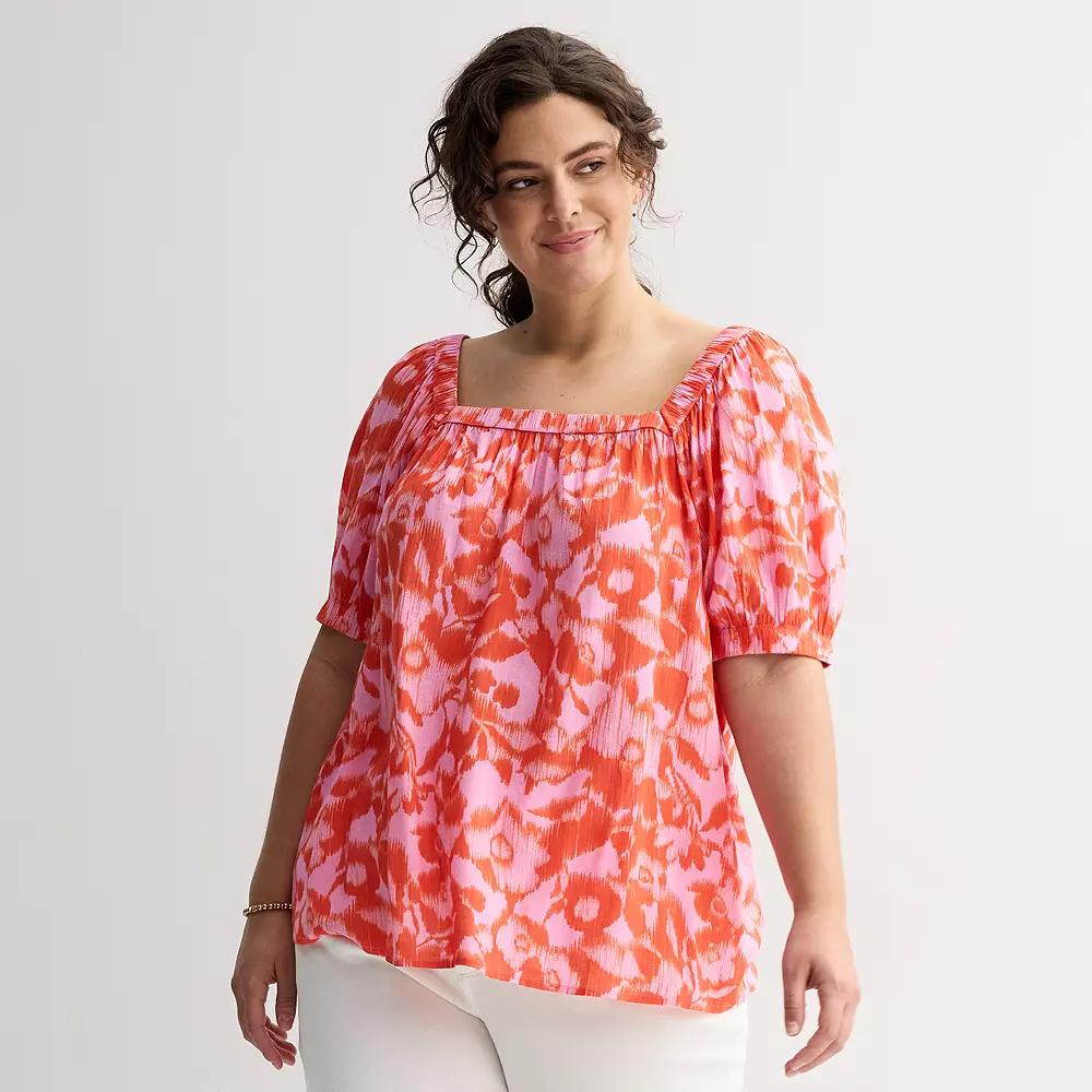 Plus Size Sonoma Goods For Life® Squareneck Peasant Top, Women's, Size: 2XL, Vivid Pink Floral Product Image