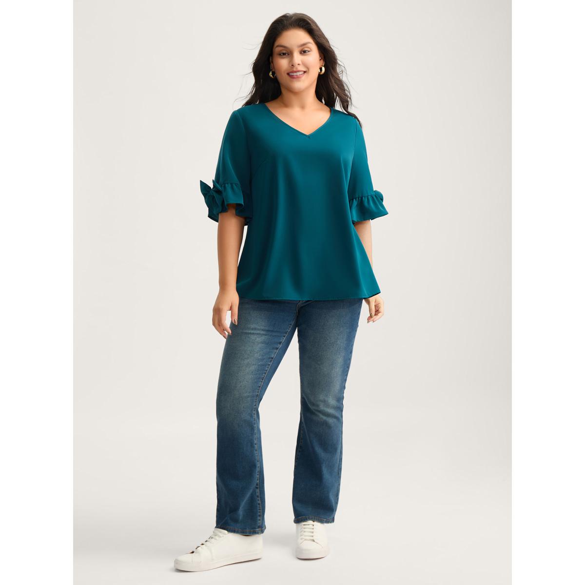 Plus Size Aegean Ruffled 3D Bow Detail Solid Blouse Women Half Sleeve V-neck Everyday-Casual Blouses BloomChic 14-16/1X Product Image