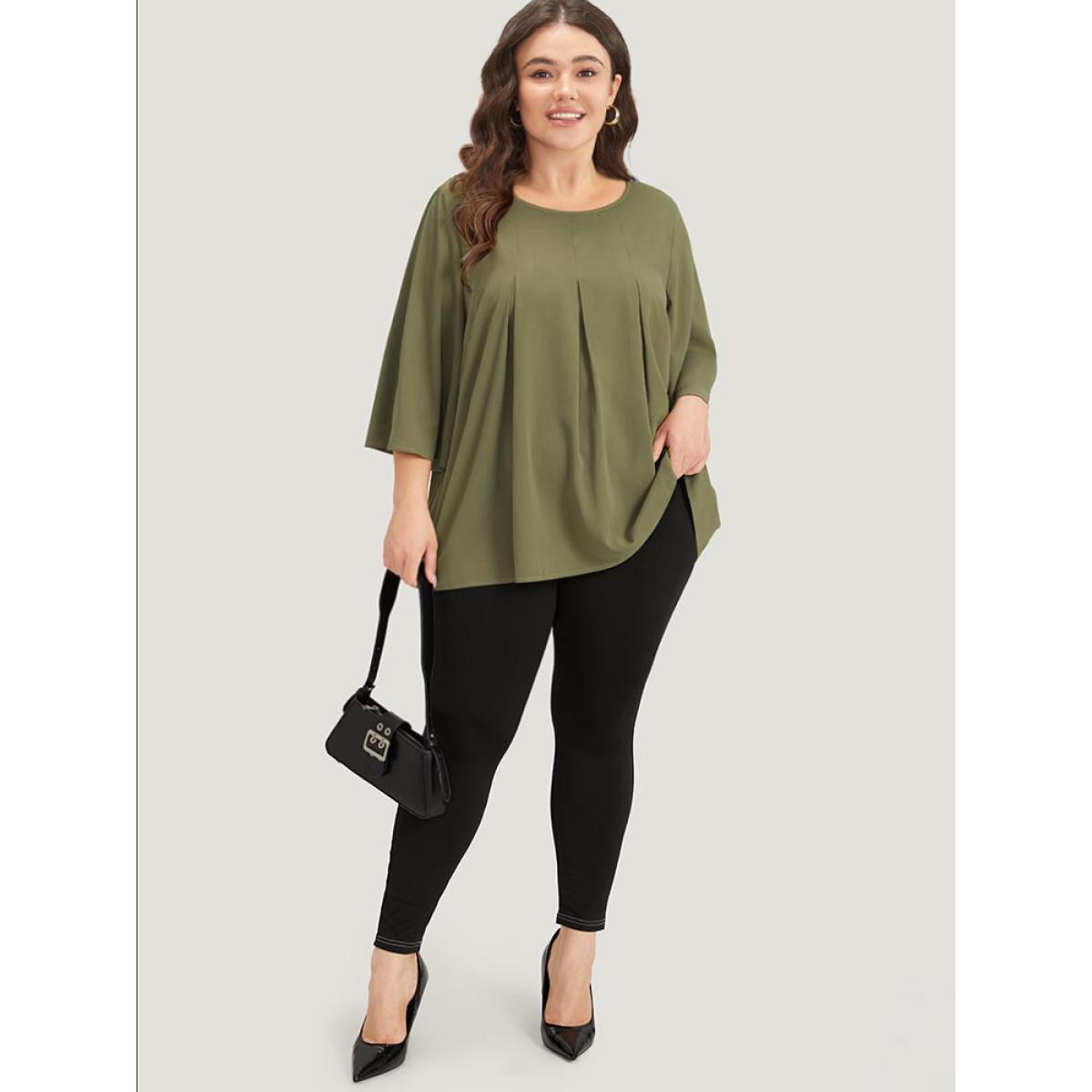 Plus Size ArmyGreen Plain Pleated Detail Bell Sleeve Blouse Women Office Elbow-length sleeve Round Neck Office Blouses BloomChic 14-16/1X Product Image