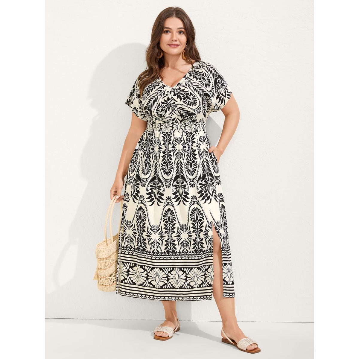 Plus Size Floral Print Shirred Waist Midi Dress Black Women Shirred V-neck Short sleeve Curvy BloomChic 18-20/2X Product Image