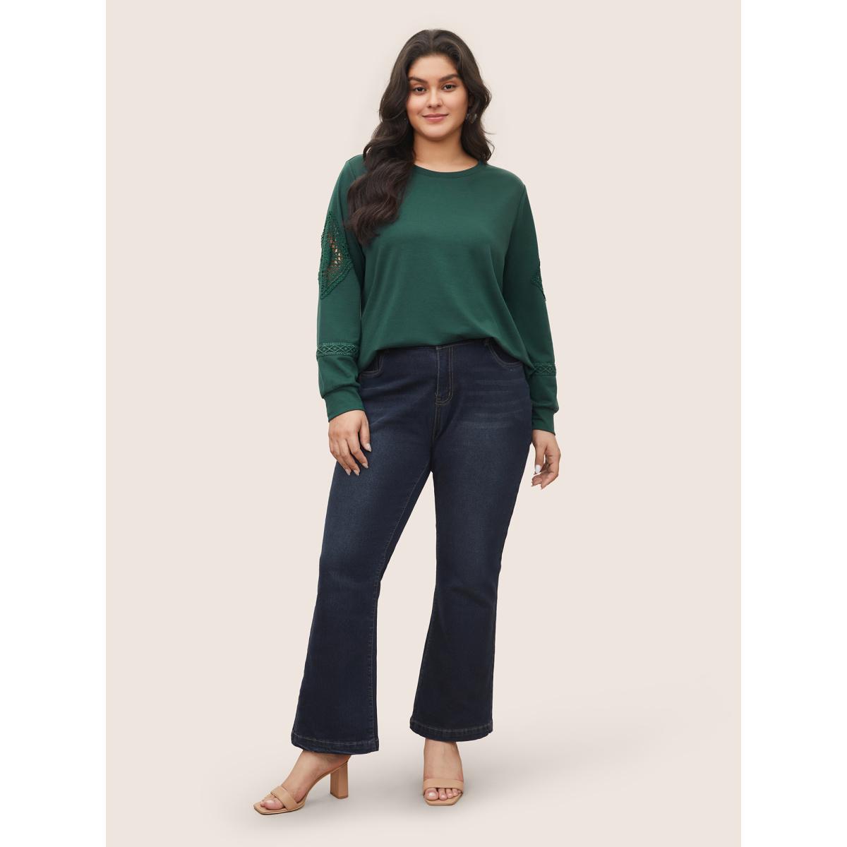 Plus Size Plain Guipure Lace Eyelet Sweatshirt Women DarkGreen Casual Cut-Out Round Neck Everyday Sweatshirts BloomChic 10/M Product Image