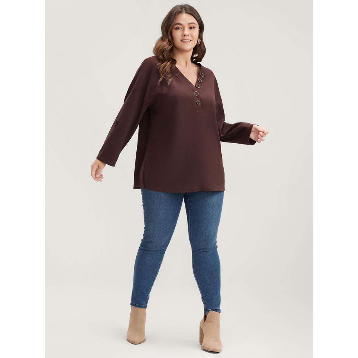 Plus Size Solid Cuffed Sleeve Split Hem Long Tee Burgundy Women Casual Button Plain V-neck Office T-shirts BloomChic 14-16/1X Product Image