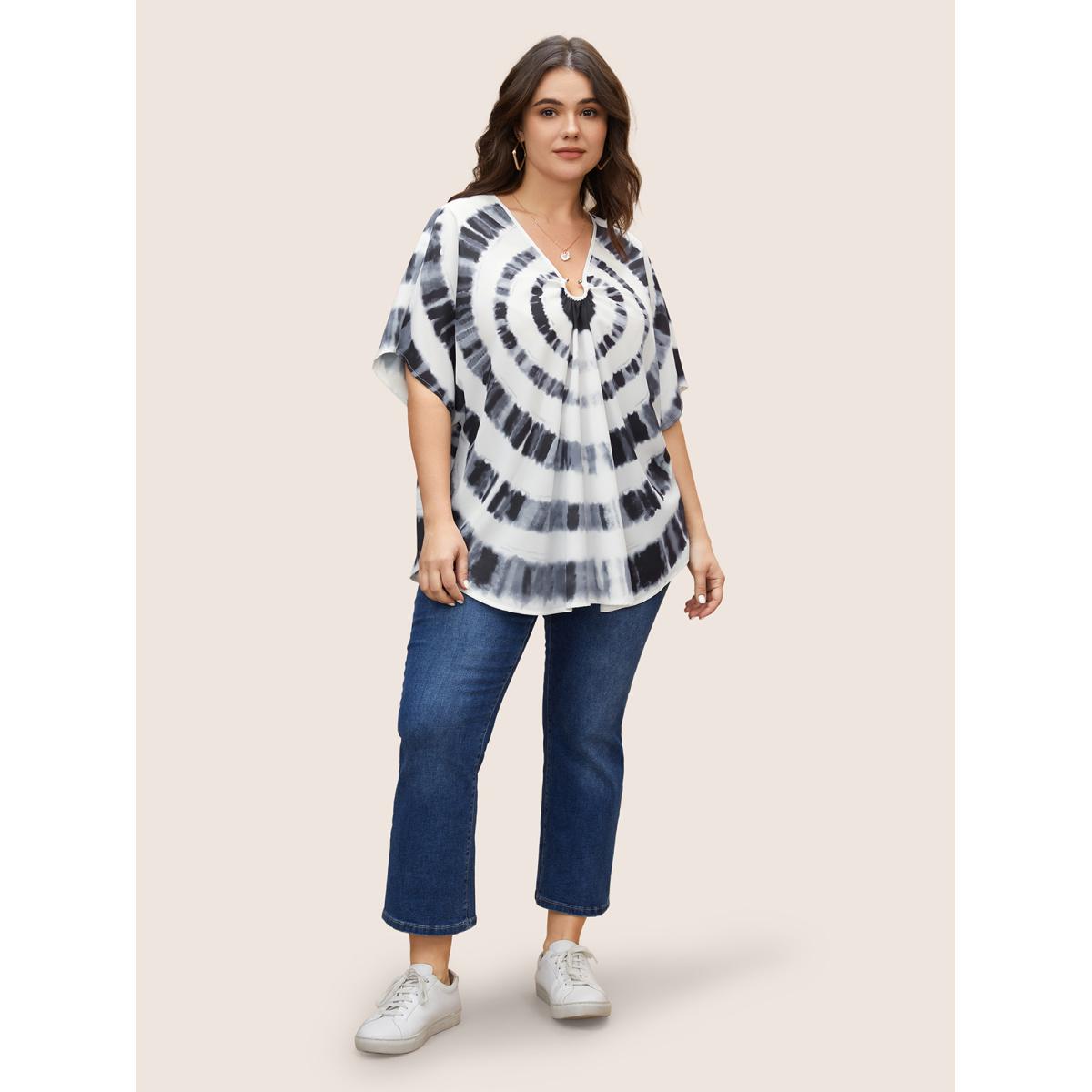 Plus Size Black Tie Dye Metal Detail Batwing Sleeve Blouse Women Casual Half Sleeve V-neck Everyday Blouses BloomChic 22-24/3X Product Image