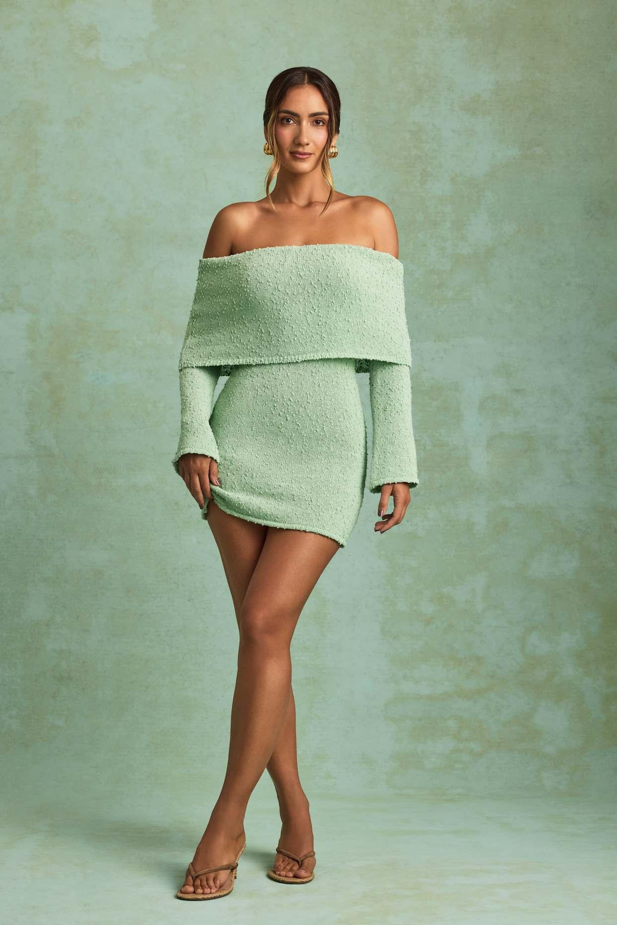 Bouclé Off-Shoulder Mini Dress in Mint Product Image