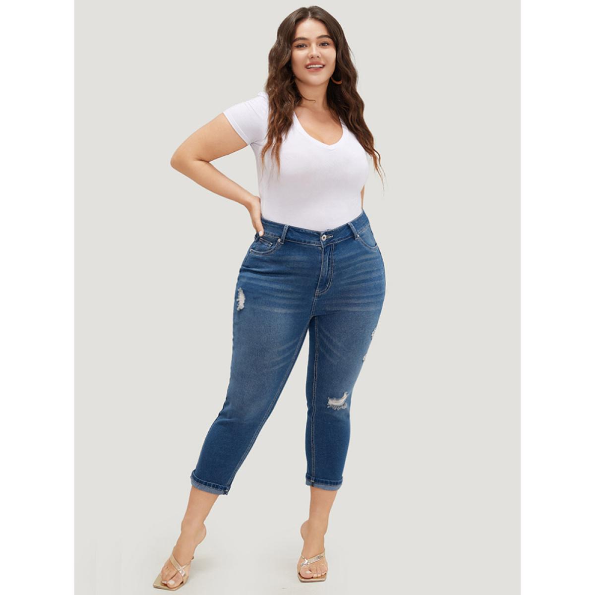 Plus Size Very Stretchy High Rise Dark Wash Ripped Detail Cropped Jeans Women Blue Casual Plain High stretch Jeans BloomChic 12/L Product Image