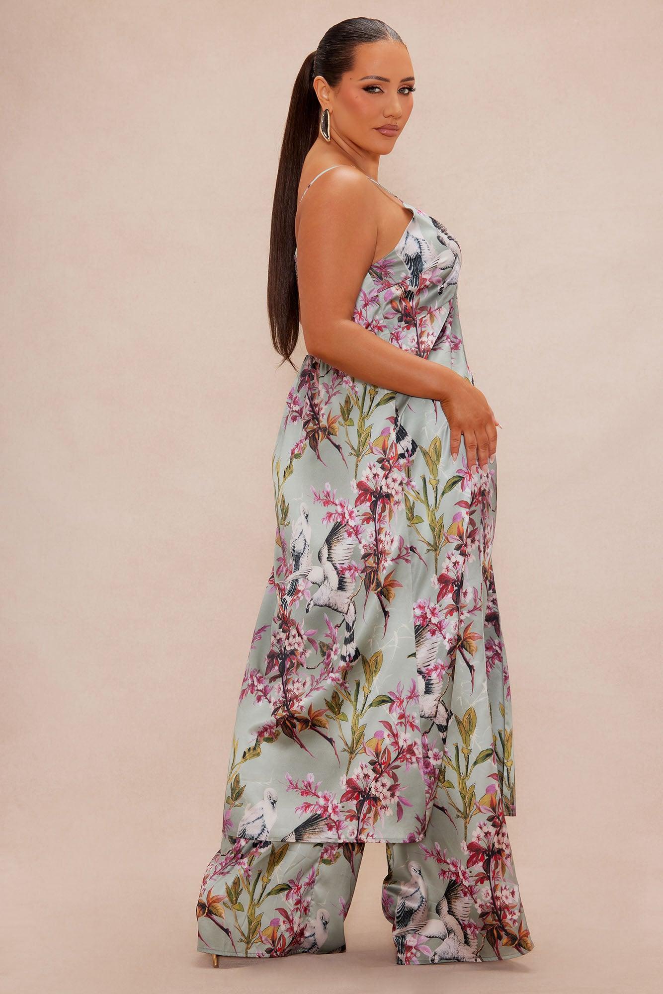 Guiselle Flyaway Satin Pant Set - Sage/combo Product Image