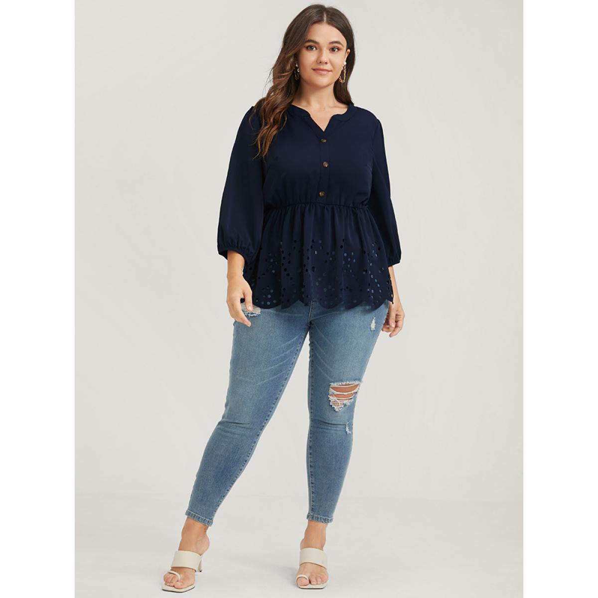 Plus Size DarkBlue Solid Cut Out Ruffles Button Lantern Sleeve Blouse Women Office Elbow-length sleeve V-neck Office Blouses BloomChic 12/L Product Image