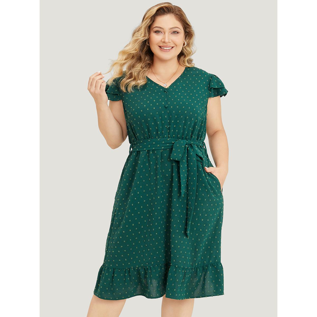 Plus Size Polka Dot Layered Sleeve Pocket Button Up Belted Flutter Dress Green Women Elegant Button V-neck Cap Sleeve Curvy Knee Dress BloomChic 30/6X Product Image