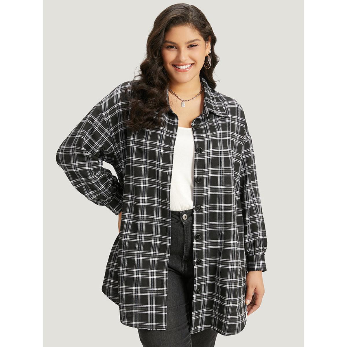 Plus Size Plaid Button Fly Curved Hem Shirt Collar Coat Women Black Casual Arc Hem Ladies Dailywear Winter Coats BloomChic 18-20/2X Product Image