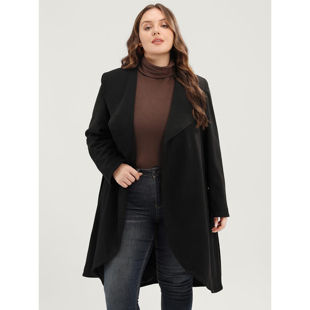 Plus Size Solid Lapel Collar Pocket Belted Open Front Coat Women Black Elegant Belted Ladies Dailywear Winter Coats BloomChic 18-20/2X Product Image
