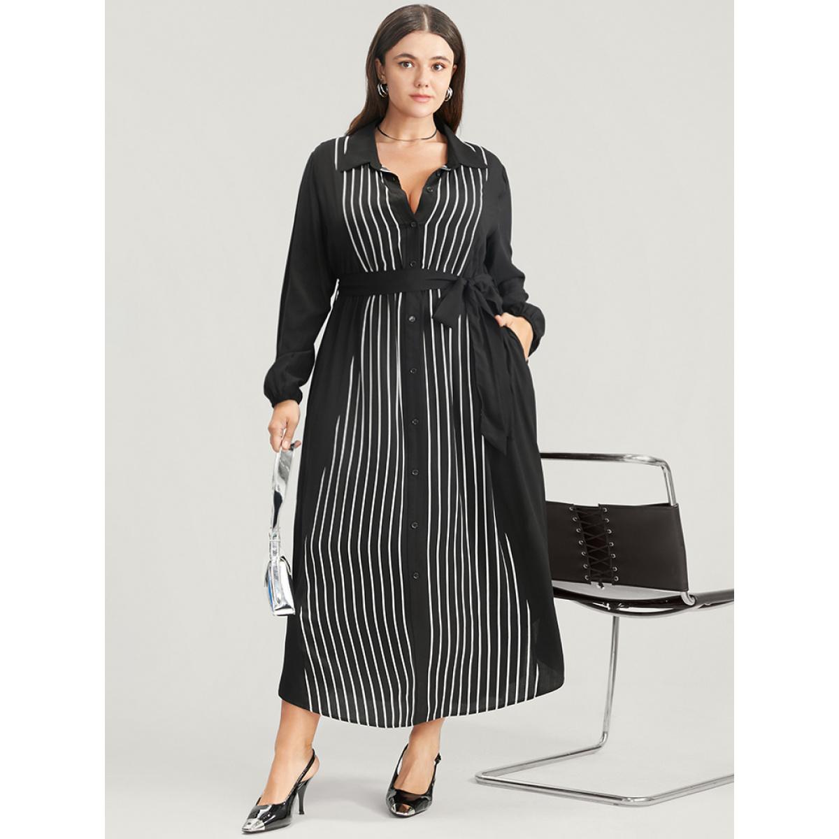 Plus Size Striped Contrast Pocket Button Detail Belted Dress Black Women Office Pocket Shirt collar Long Sleeve Curvy Long Dress BloomChic 28/5X Product Image