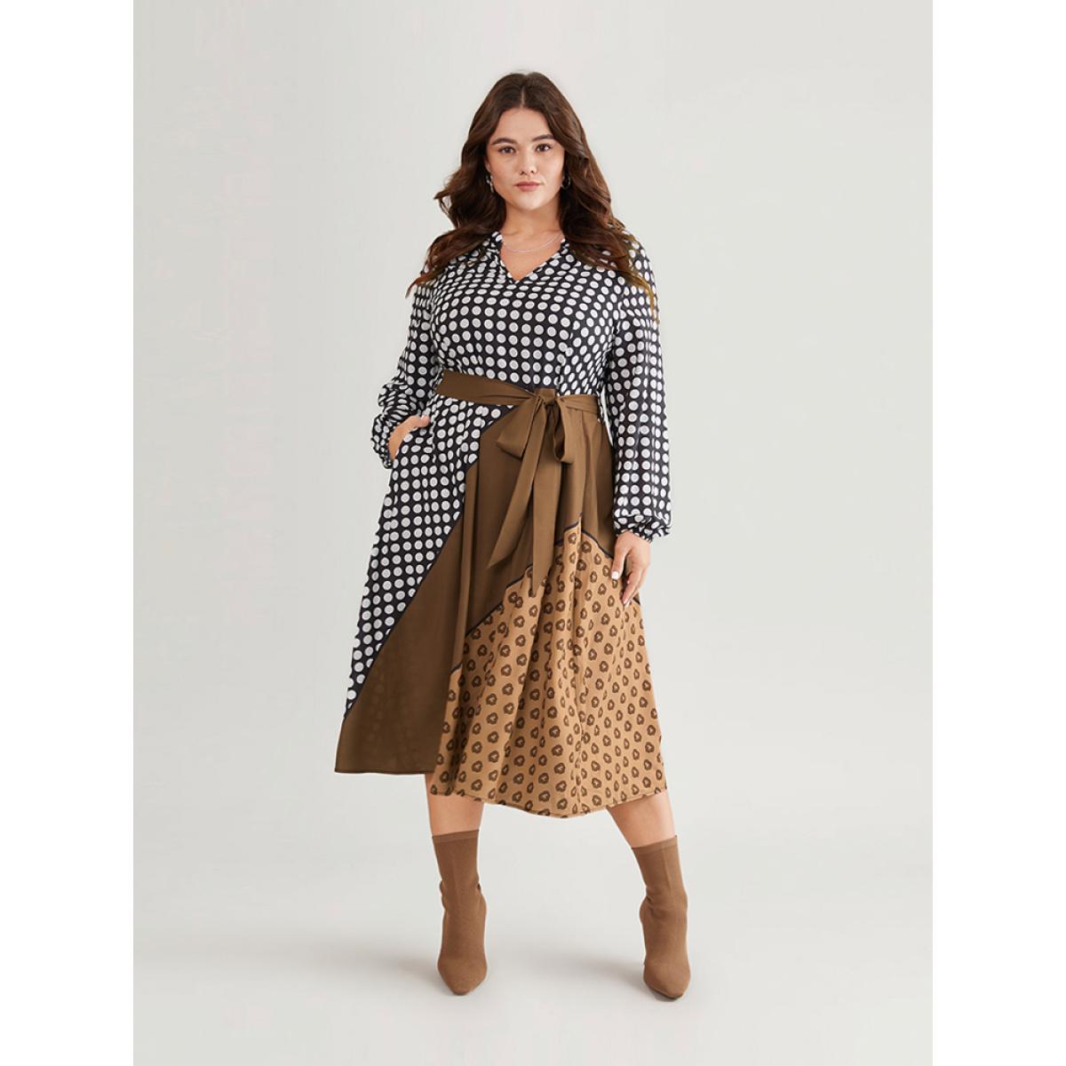 Plus Size Polka Dot Patchwork Colorblock Belted Notched Dress Multicolor Women At the Office Elastic cuffs Notched collar Long Sleeve Curvy Midi Dress BloomChic 30/6X Product Image