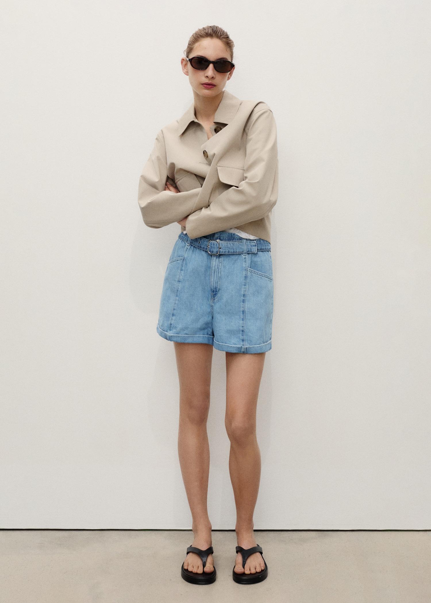 Denim paperbag shorts with belt - Women | MANGO USA Product Image
