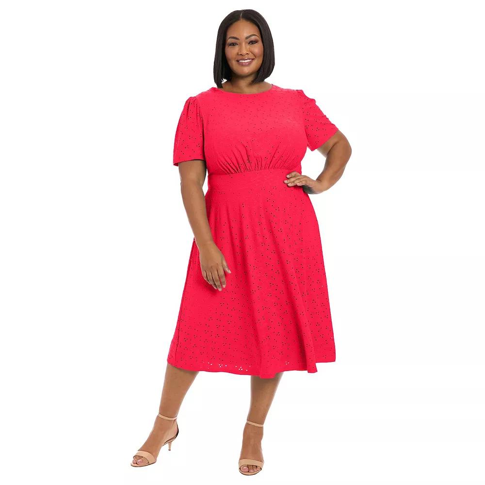 Plus Size London Times Short Sleeve Eyelet Inset Waist Midi, Women's, Size: 18 W, Pink Red Product Image