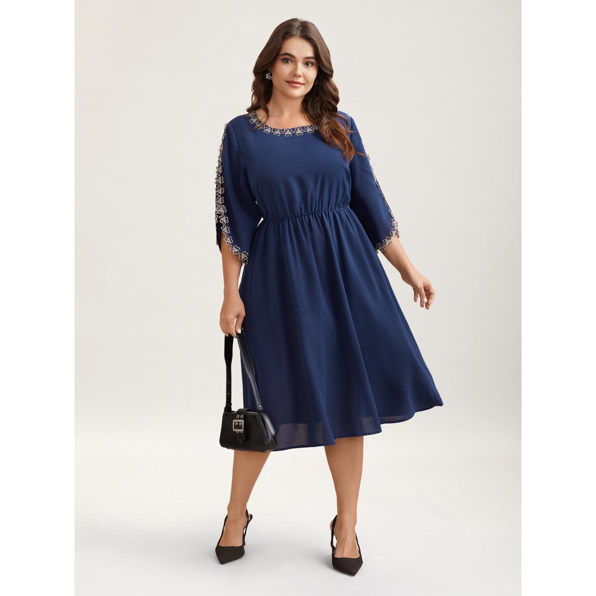Plus Size Lace Detail Trumpet Sleeve Midi Dress DarkBlue Women Office Overlapping Boat Neck Elbow-length sleeve Curvy BloomChic 28/5X Product Image
