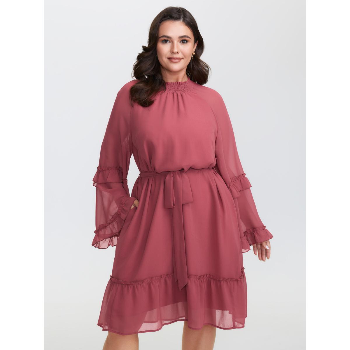 Plus Size Sheer Ruffled Gathered Neck Belted Midi Dress Rouge Women Timeless Stand-up collar Long Sleeve Curvy BloomChic 26/4X Product Image