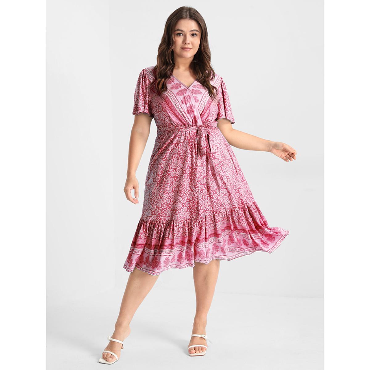 Plus Size Ditsy Floral Ruffled Knotted Wrap Dress Pink Women Elegant Ruffles V-neck Short sleeve Curvy Knee Dress BloomChic 22-24/3X Product Image