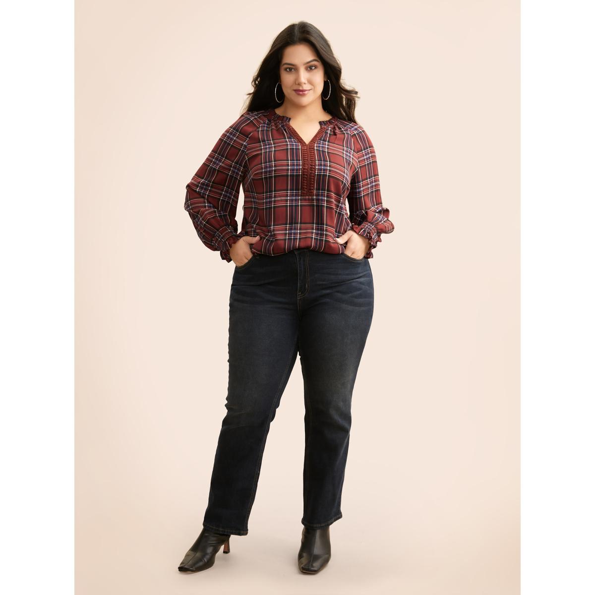 Plus Size Browncoffeecolor Plaid Contrast Webbing Ruffle Trim Blouse Women Elegant Long Sleeve Flat collar with V-notch Everyday Blouses BloomChic 12/L Product Image