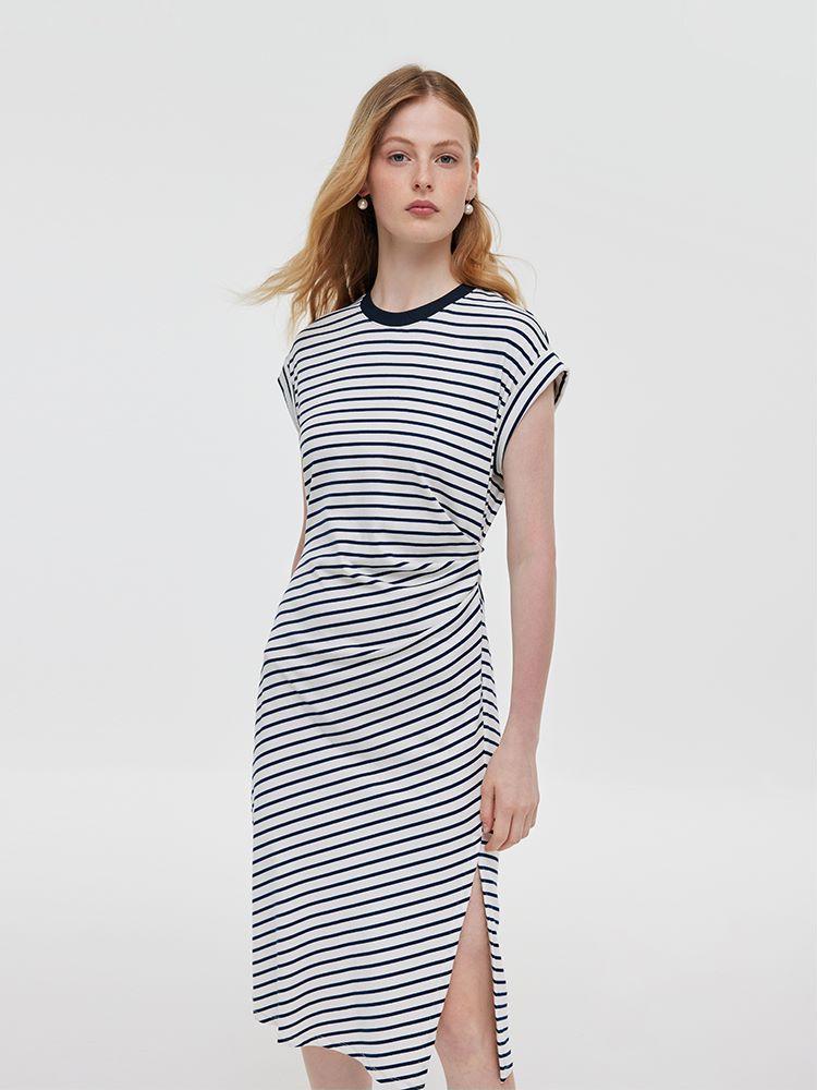 Striped Slit Ruched Women Midi Dress Product Image