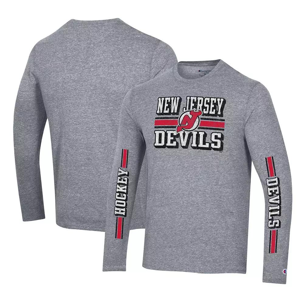 Men's Champion Heather Gray New Jersey Devils Tri-Blend Dual-Stripe Long Sleeve T-Shirt, Size: Medium, Nhl Grey Product Image