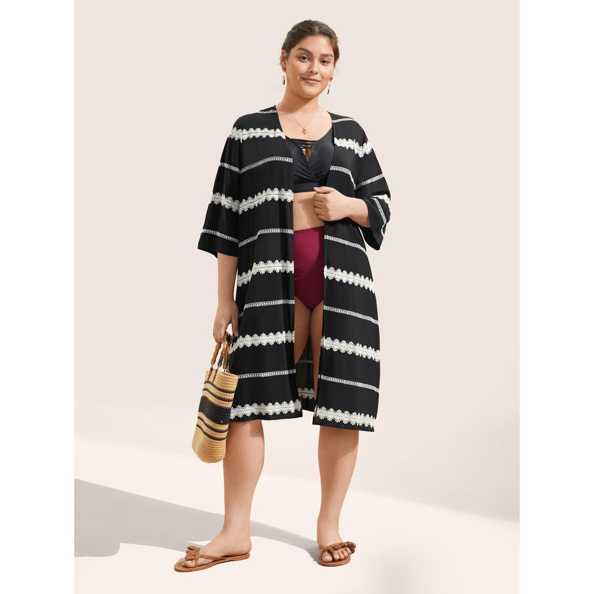Plus Size Striped Embroidered Patchwork Kimono Women Black Resort Contrast Vacation Kimonos BloomChic 14-16/1X Product Image