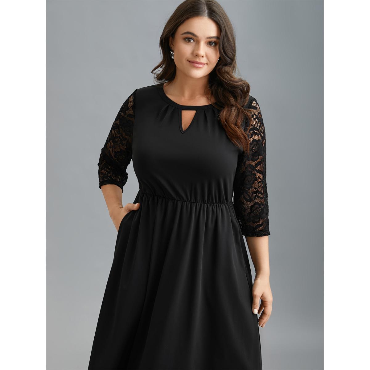 Plus Size Neck Cut-Out Lace Stretchy-Waist Midi Dress Black Women At the Office Texture Knit Dresses Bloomchic 30/6X Product Image